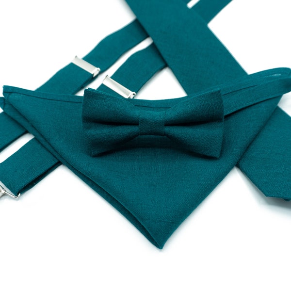 Teal Green Linen bow tie and suspenders, Ring Bearer Groom best Man outfit, Kids Baby boy gift set, Mens accessories