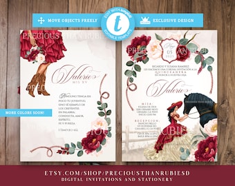 EDIT YOURSELF Charra Burgundy Red Quinceanera, Charro Western Invitation, Mexican Invitation, Fiesta Invitation, Quince Invitation