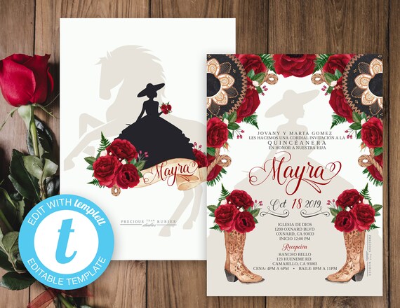 Edit Yourself Charra Quinceanera Invitation Red Roses Etsy