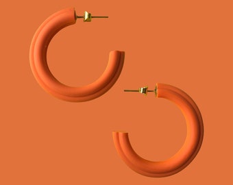 Colourful Summer Orange Hoop Earrings, Festival Rainbow Hoops, Polymer Clay, Gold Plated, Fun Bold Statement Earrings