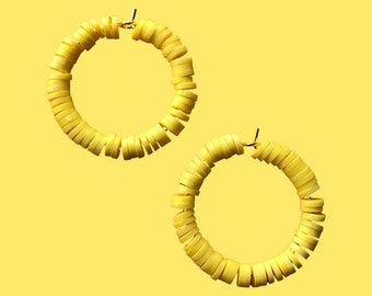 Colourful Hoops Earrings, Lightweight Polymer Clay Bead Gold Plated Hoop Statement Jewellery, Yellow