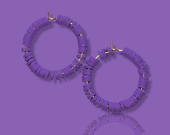 Colourful Pastel Hoops Earrings, Spring Summer, Lightweight Polymer Clay Bead Gold Plated Hoop Statement Jewellery, yellow orange purple