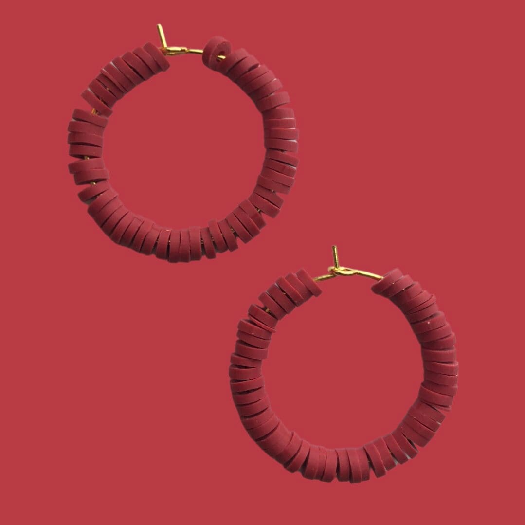 Colourful Hoops Earrings, Lightweight Polymer Clay Bead Gold Plated Hoop Statement Jewellery, Red Wine Maroon Burgundy