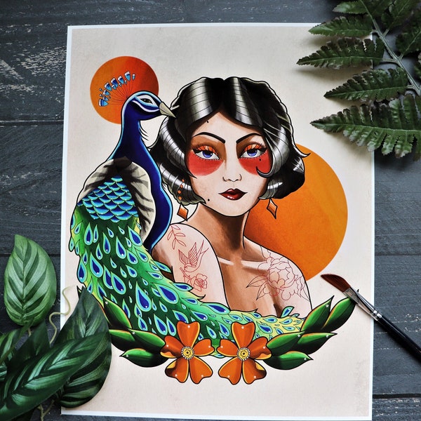 American Traditional Woman and Peacock Print