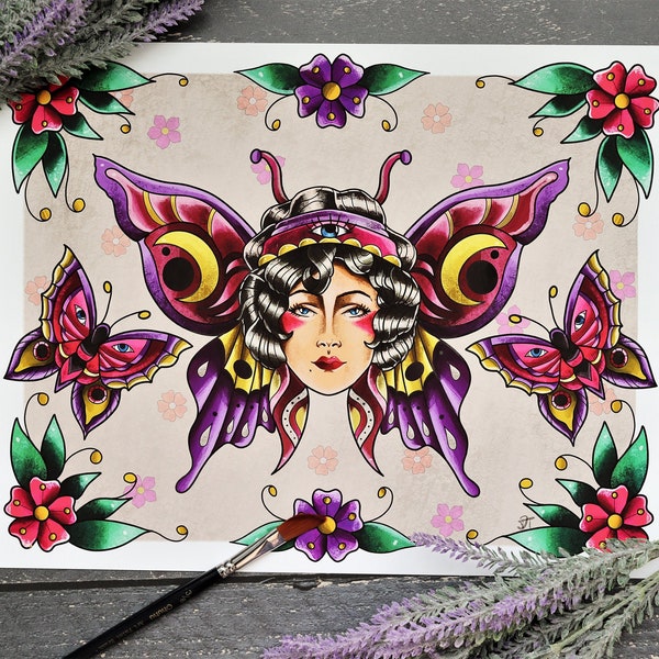 American Traditional Fortune Teller Butterfly Tattoo Sheet Art Print