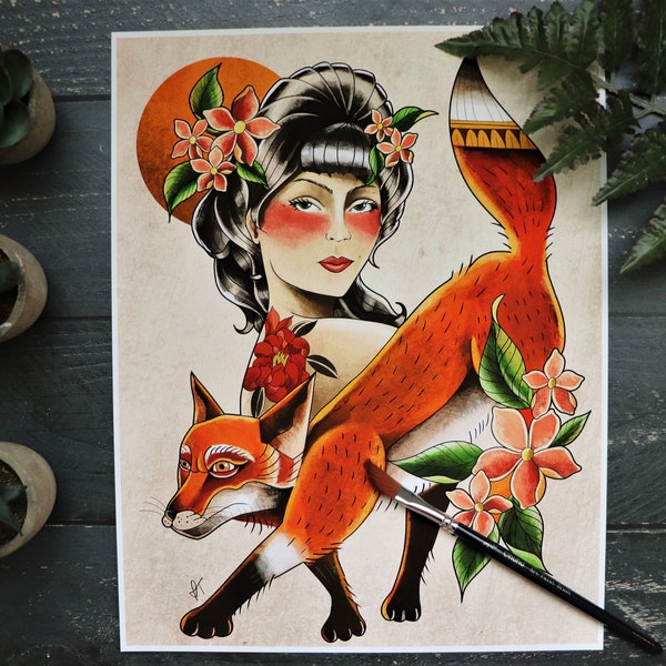 American Traditional Woman and Fox Print