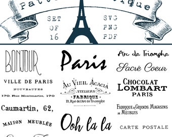 May include: Black and white graphic design elements with Parisian themes. The design includes the Eiffel Tower, the words "Bonjour Paris", "Arc de Triomphe", "Sacre Coeur", "Chocolat Lombart Paris", "Ooh la la", "62, Rue", and "M. Damour".