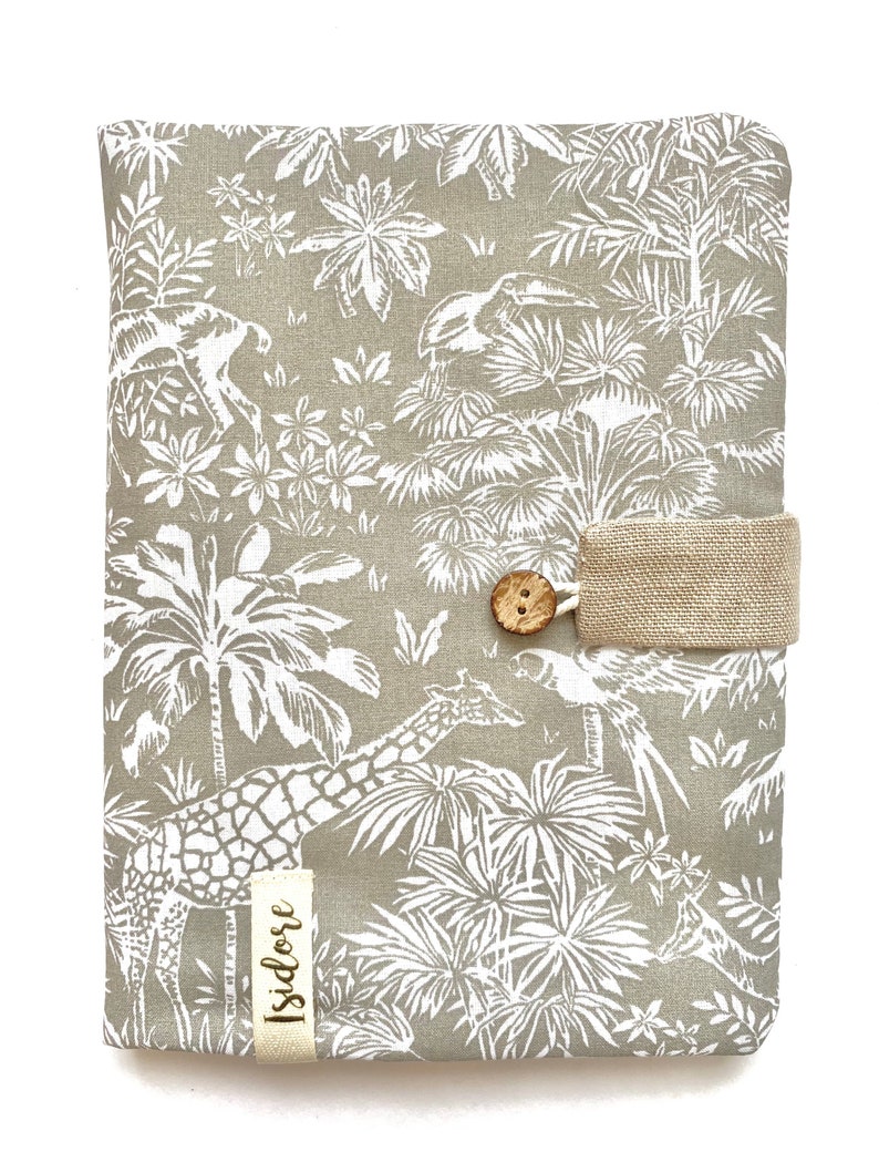 Protège carnet de santé personnalisé Toile de Jouy jungle tropicale . beige Lin