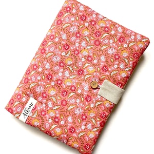 Housse, Pochette, Etui ouatiné et personnalisé sur mesures, pour tablette numérique format 10 ou 11 pouces. Imprimé Indies et lin doré