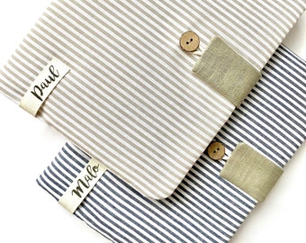 PROTEGE-CARNET de SANTE personnalisé rayé beige ou marine