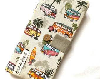 Personalized family record book cover and button placket. Surf and van print