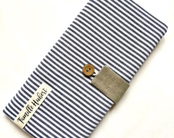 Personalized family record book cover with button closure. Navy striped