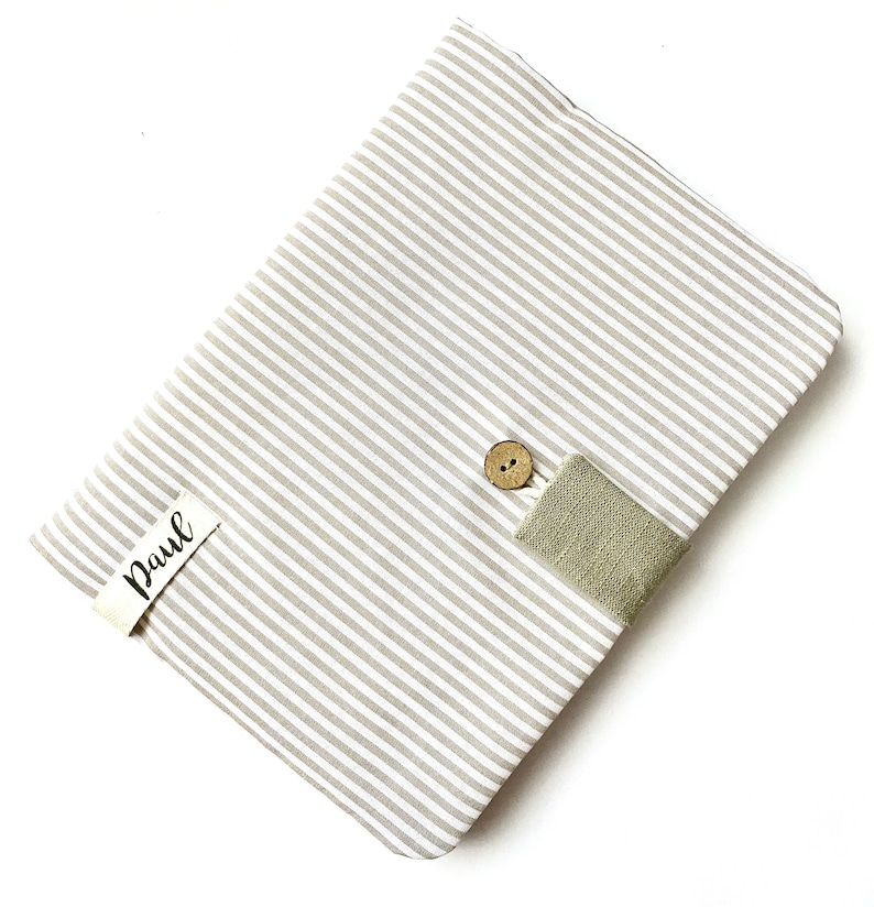 PROTEGE-CARNET de SANTE personnalisé rayé beige ou marine beige