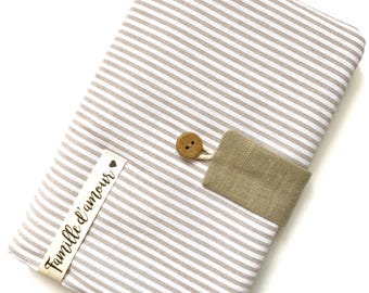 Personalized family passport holder. Beige and white striped pattern.