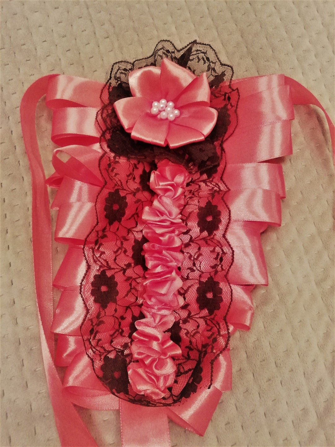 Satin Ribbon Jabot With Laces and Pearls. Elegant Salmon Etsy