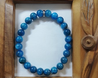 Bracelet Apatite Bleue pierre naturelle 8mm. Poignet de 17cm. TAILLE MODIFIABLE : indiquez la mesure de votre poignet en commentaire.