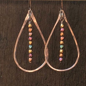 Hammered Copper Teardrop Earrings: Czech Glass Boho Dangles with clip on variation