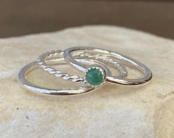 Birthstone ring set/Sterling Silver stackable rings/minimalist rings/stackable birthstone/Thin stackable rings/Emerald ring