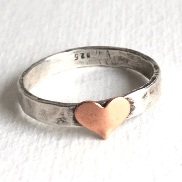 Heart ring/Sterling silver stackable ring/Sterling band copper heart ring/Minimalist ring/Thumb ring/Hammered band ring/Silver heart ring