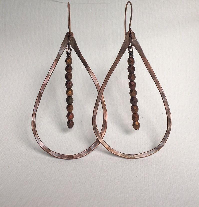 Copper dangle earrings/Hammered copper hoop earrings/Boho Etsy