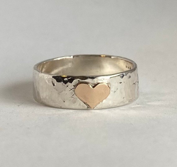 Sterling Silver Heart Ring/hammered Band Ring/crescent Moon