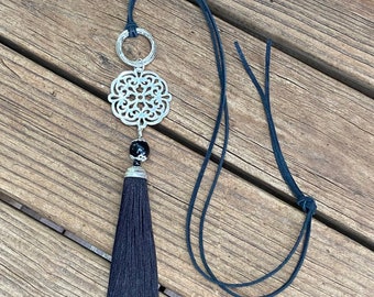 Black tassel necklace / silver medallion /  black leather necklace / medallion with tassel / mother's day jewelry /made in the USA