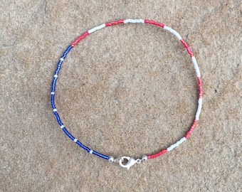 Red White Blue Beaded Anklet: Patriotic USA Flag Bracelet