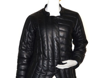 Lamb Leather Long length  Asymmetric Cut Quilt Puffer Jacket