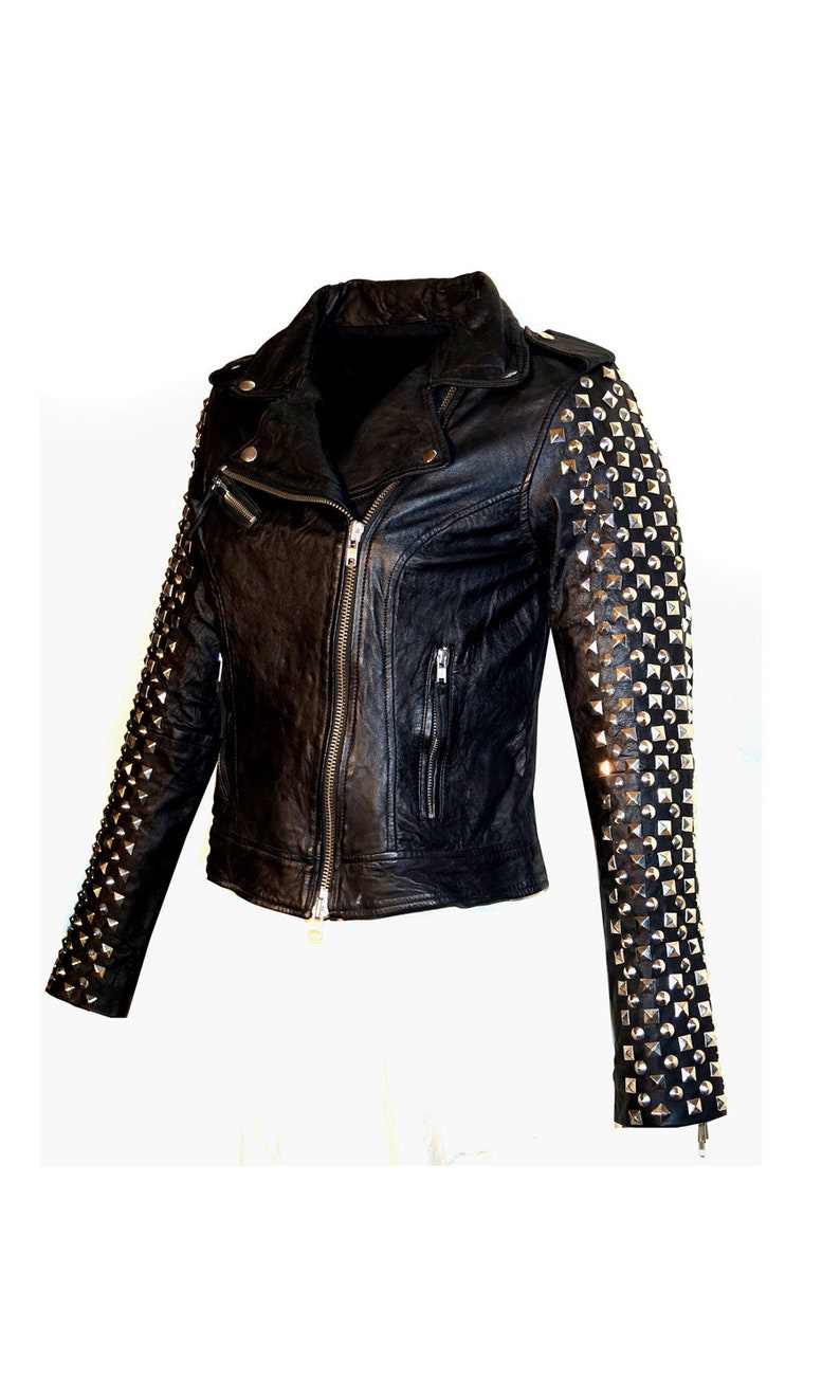 Kishi Women leather Biker jacket fully stud on sleeve