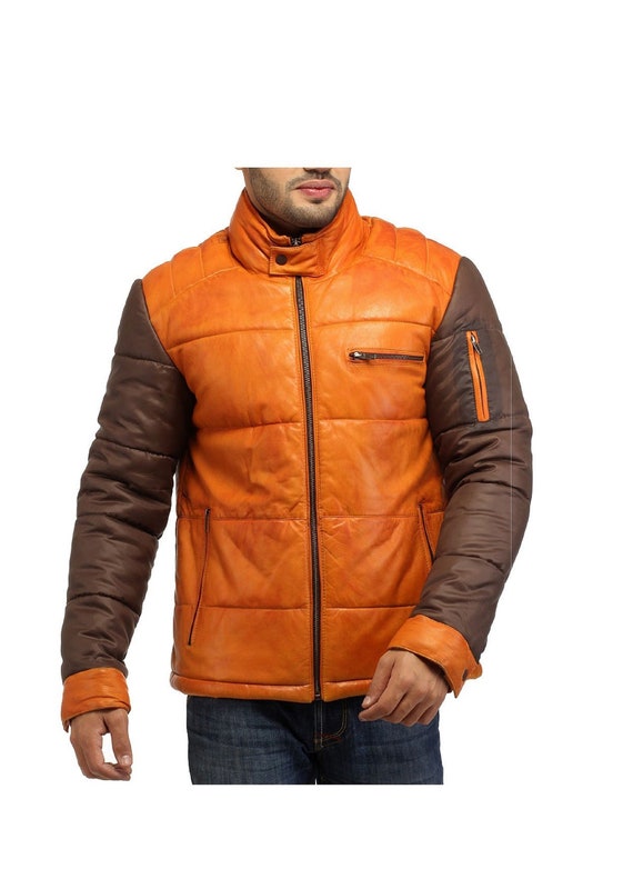 leather puffer jacket men