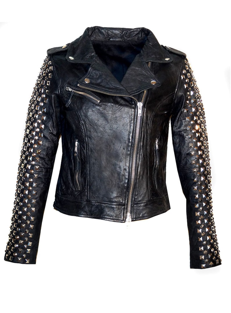 Kishi Women leather Biker jacket fully stud on sleeve