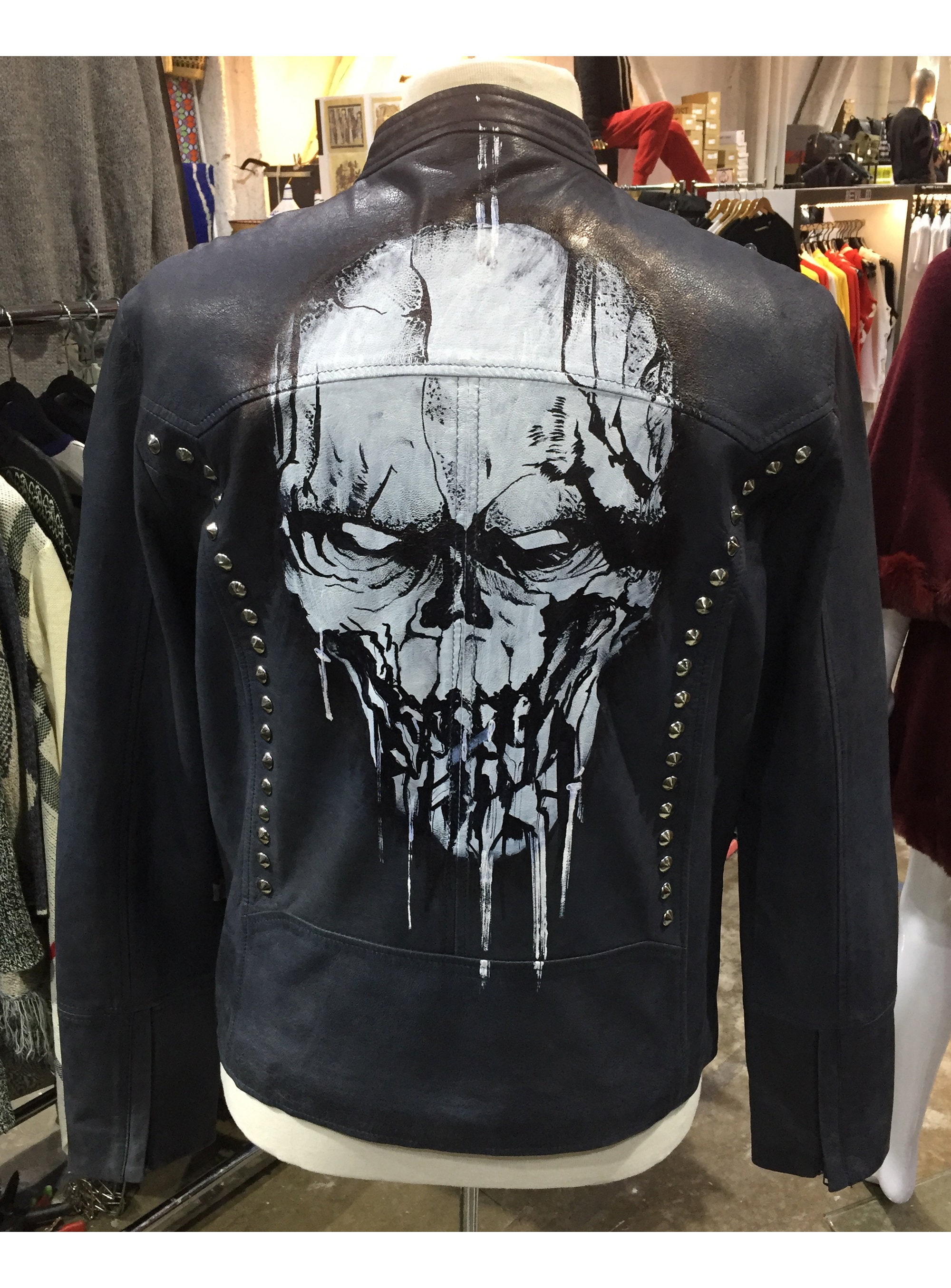 Mens Hand Painted Skull Leather Jacket 