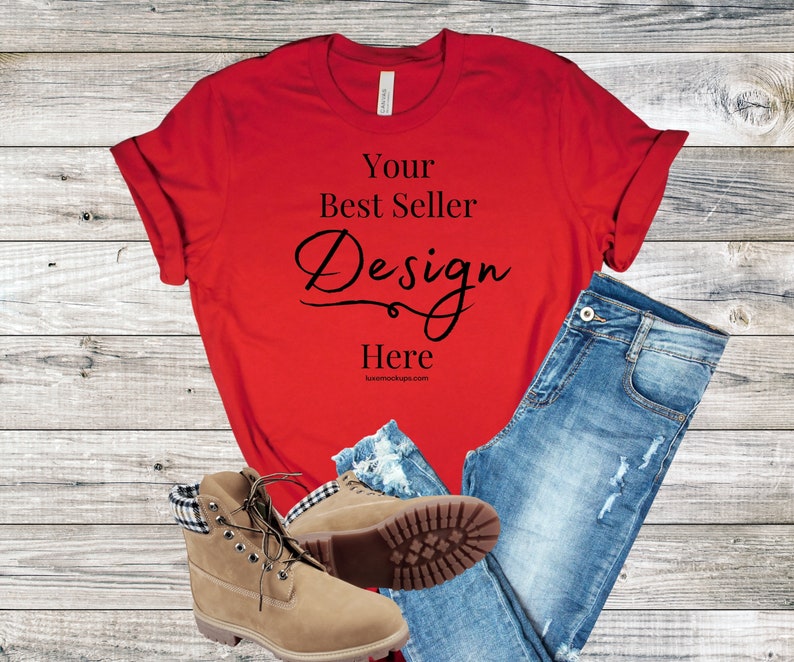 Download Mockup Bella Canvas 3001 Red Mens T Shirt Fashion Mockup ...