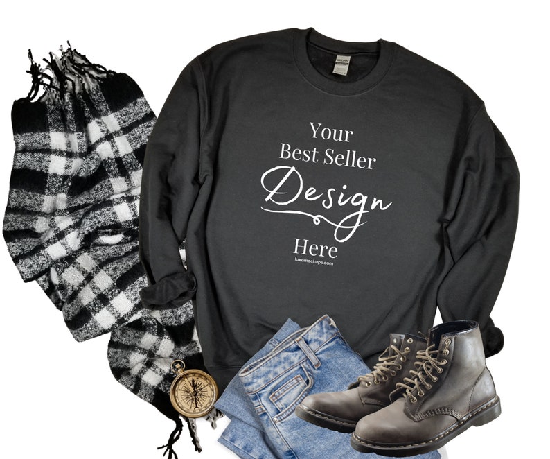Download Gildan 18000 Black Sweatshirt Mens Styled Mockup Flat Lay ...
