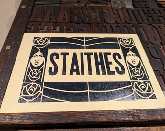 Staithes letterpress print with art deco border