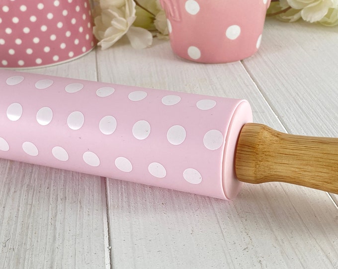 Silicone rolling pin pink with white dots 38 cm