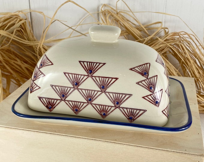Ceramic butter dish. Hand stamped retro