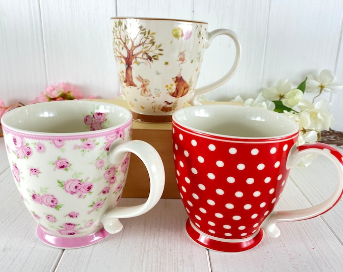 Red cup with white dots flowers cute animals
