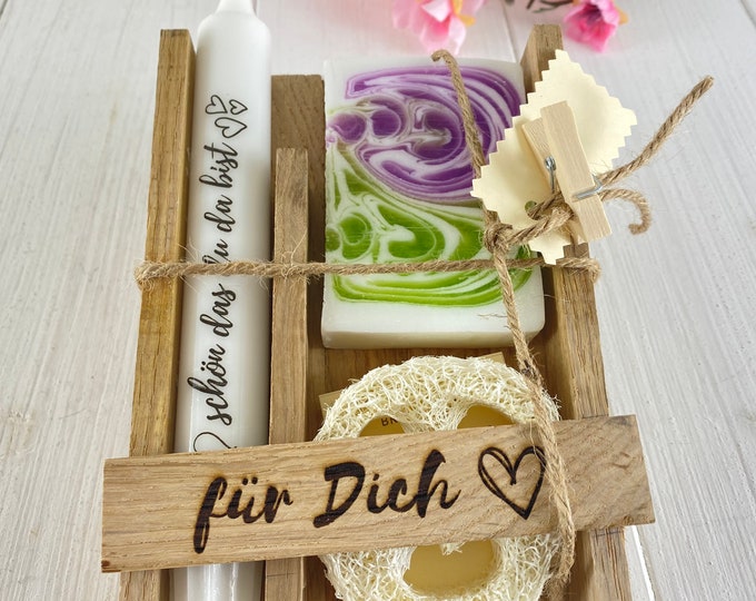 Gift set birthday child candle with candle holder in wooden packaging labeled soap loofah