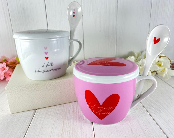 Jumbo heartfelt cup with lid and spoon made of porcelain Valentine's Day