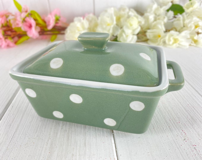 Ceramic butter dish in sage green with white dots