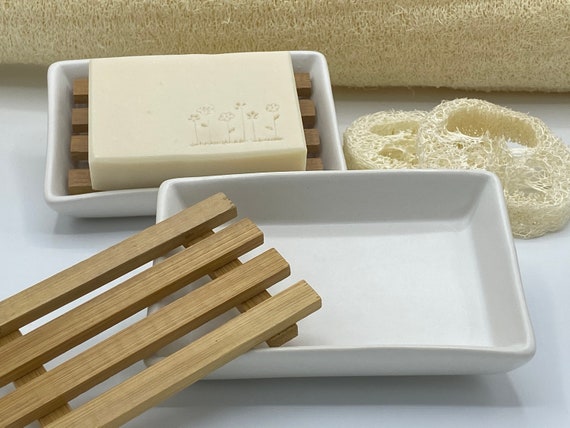 Ceramic Soap Dish With Bamboo Draining Rack 