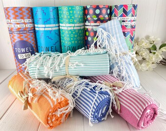 Serviette à emporter dans un joli coffret cadeau, serviette de plage, serviette de sauna, serviette de hammam, coton