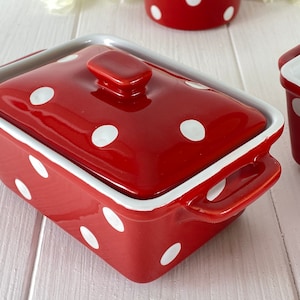 Ceramic butter dish in red with white dots