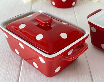 Ceramic butter dish in red with white dots
