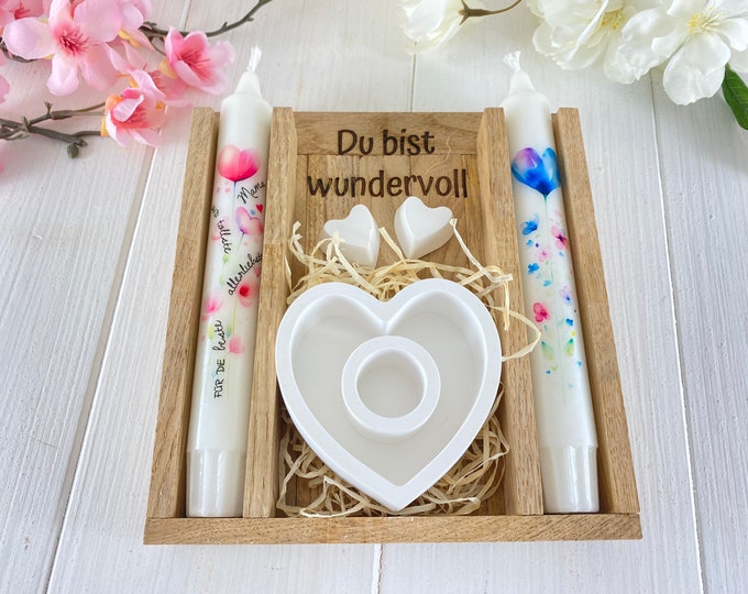Mother's Day you are wonderful gift candle set in wooden box made of oak handmade