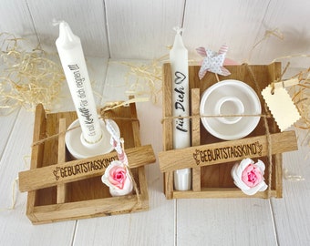 Gift set birthday child candle with candle holder in wooden packaging labeled soap loofah raysin oak