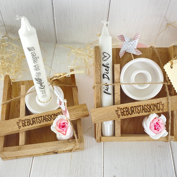 Set regalo compleanno candela per bambini con portacandele in confezione di legno con etichetta sapone luffa Raysin rovere