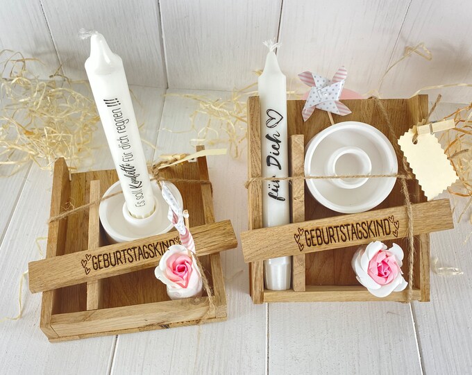 Gift set birthday child candle with candle holder in wooden packaging labeled soap loofah raysin oak