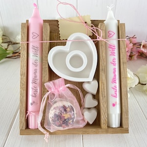 Muttertag beste Mama Geschenk Badepraline Kerzen Set in Holzbox aus Eiche Handmade Bild 1